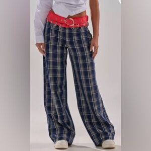 Plaid Wide-Leg Trousers in Navy